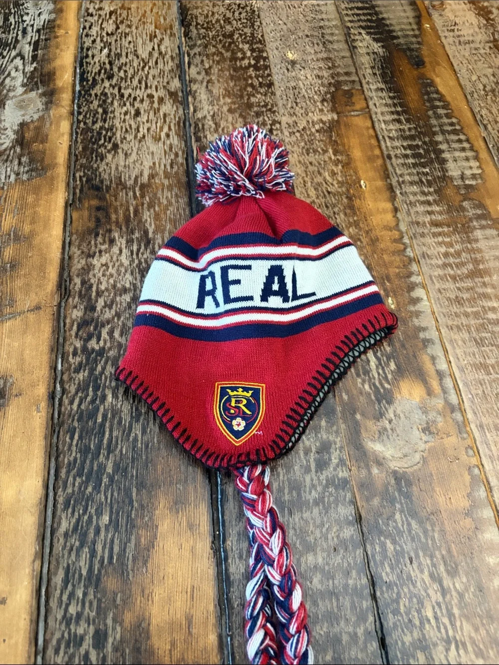 Red, White & Blue Pom-Pom Earflap Knit Hat for Kids